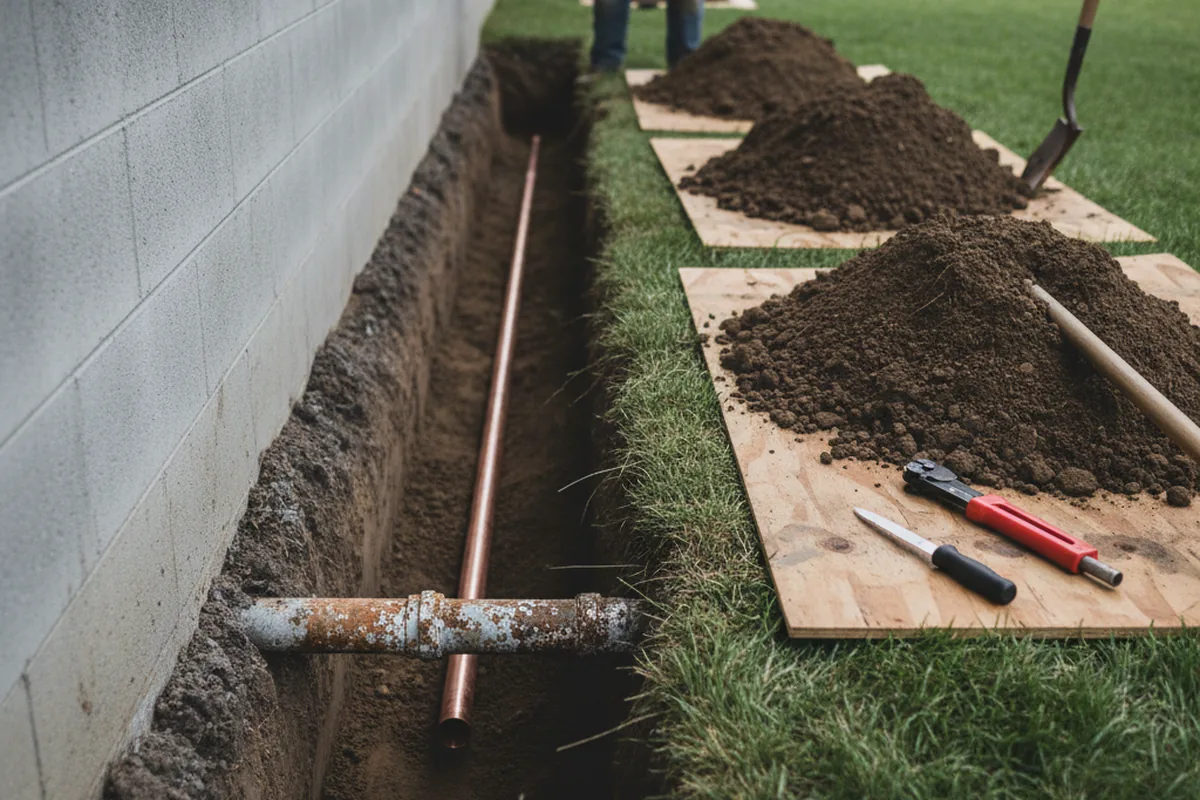Excavated water line trench during Water Heater Repair in West Harwich